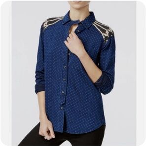 Free People Navy Polka Dot Button-Down Shirt with Contrast Shoulder Panels S/P